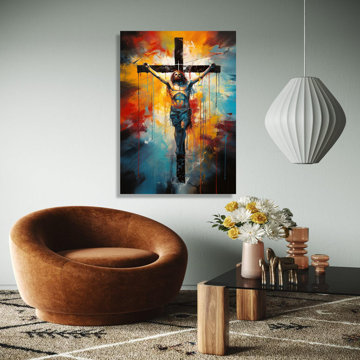 Modern Jesus Crucifixion Canvas Wall Art, Abstract Religious Painting, Spiritual Christian Decor, Colorful Cross Gift Art, Home Decor, Print