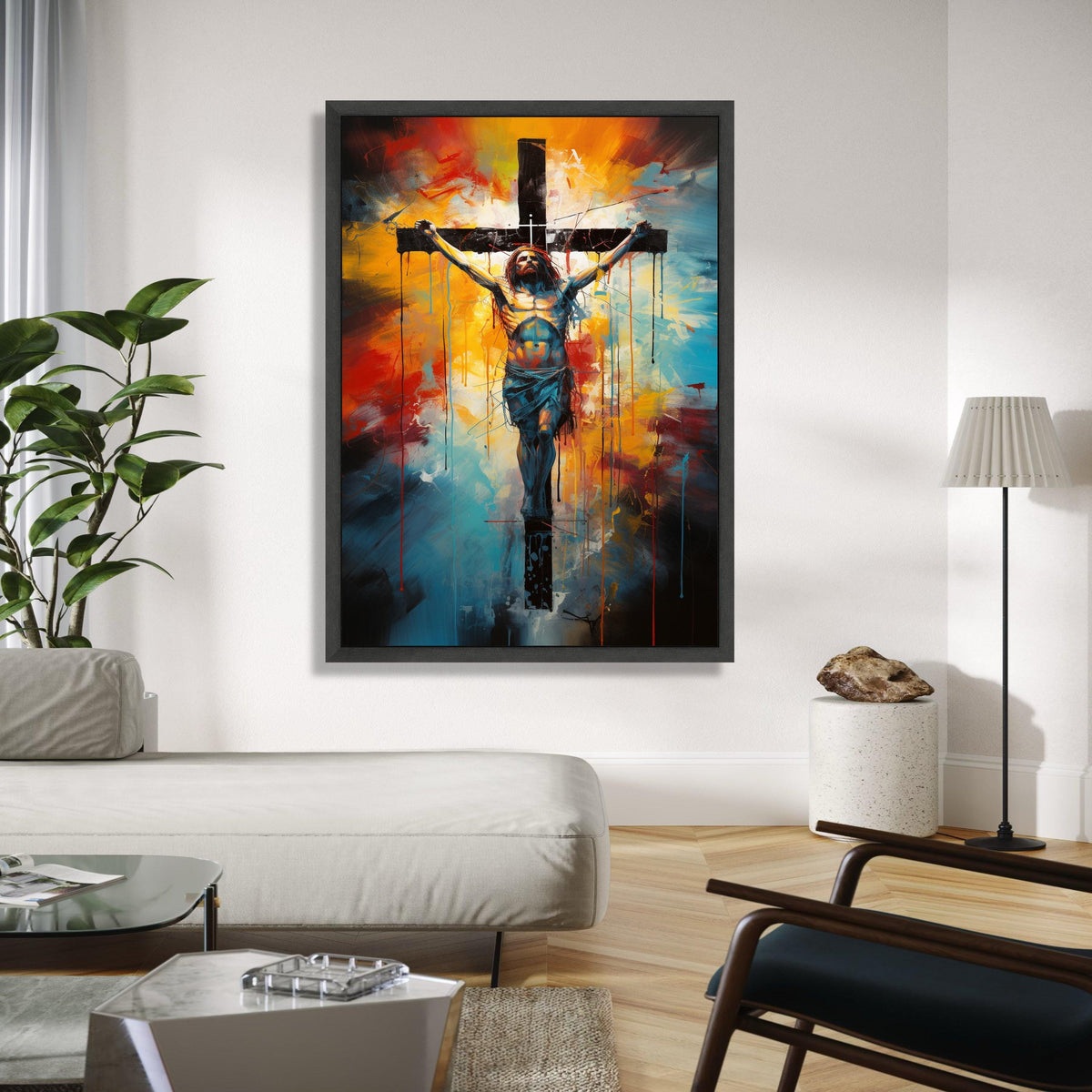 Modern Jesus Crucifixion Canvas Wall Art, Abstract Religious Painting, Spiritual Christian Decor, Colorful Cross Gift Art, Home Decor, Print