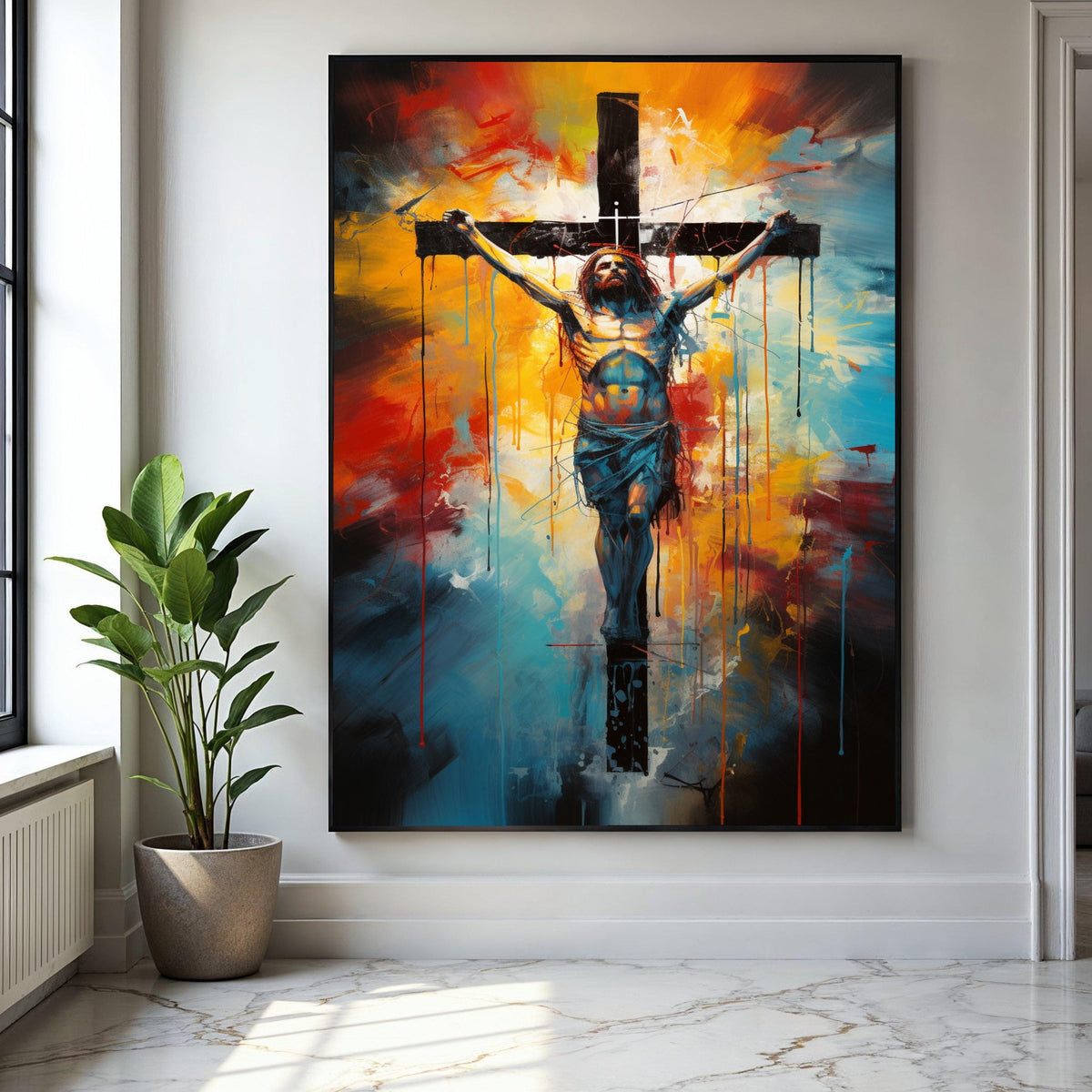 Modern Jesus Crucifixion Canvas Wall Art, Abstract Religious Painting, Spiritual Christian Decor, Colorful Cross Gift Art, Home Decor, Print