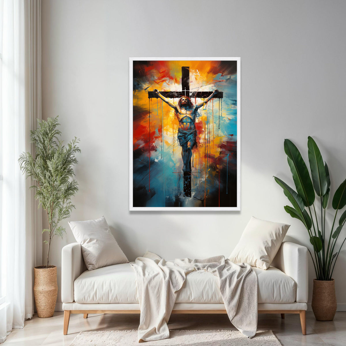 Modern Jesus Crucifixion Canvas Wall Art, Abstract Religious Painting, Spiritual Christian Decor, Colorful Cross Gift Art, Home Decor, Print