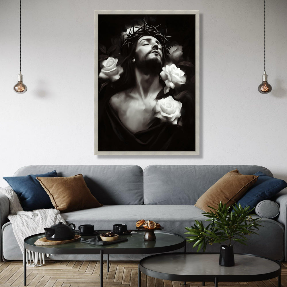 Jesus with Crown of Thorns, White Roses Canvas Wall Art, Religious Christian Decor, Spiritual Portrait Print, Gift Art, Home Decor, Print