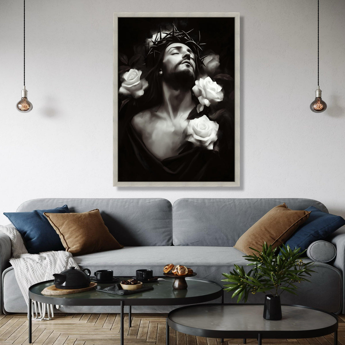 Jesus with Crown of Thorns, White Roses Canvas Wall Art, Religious Christian Decor, Spiritual Portrait Print, Gift Art, Home Decor, Print
