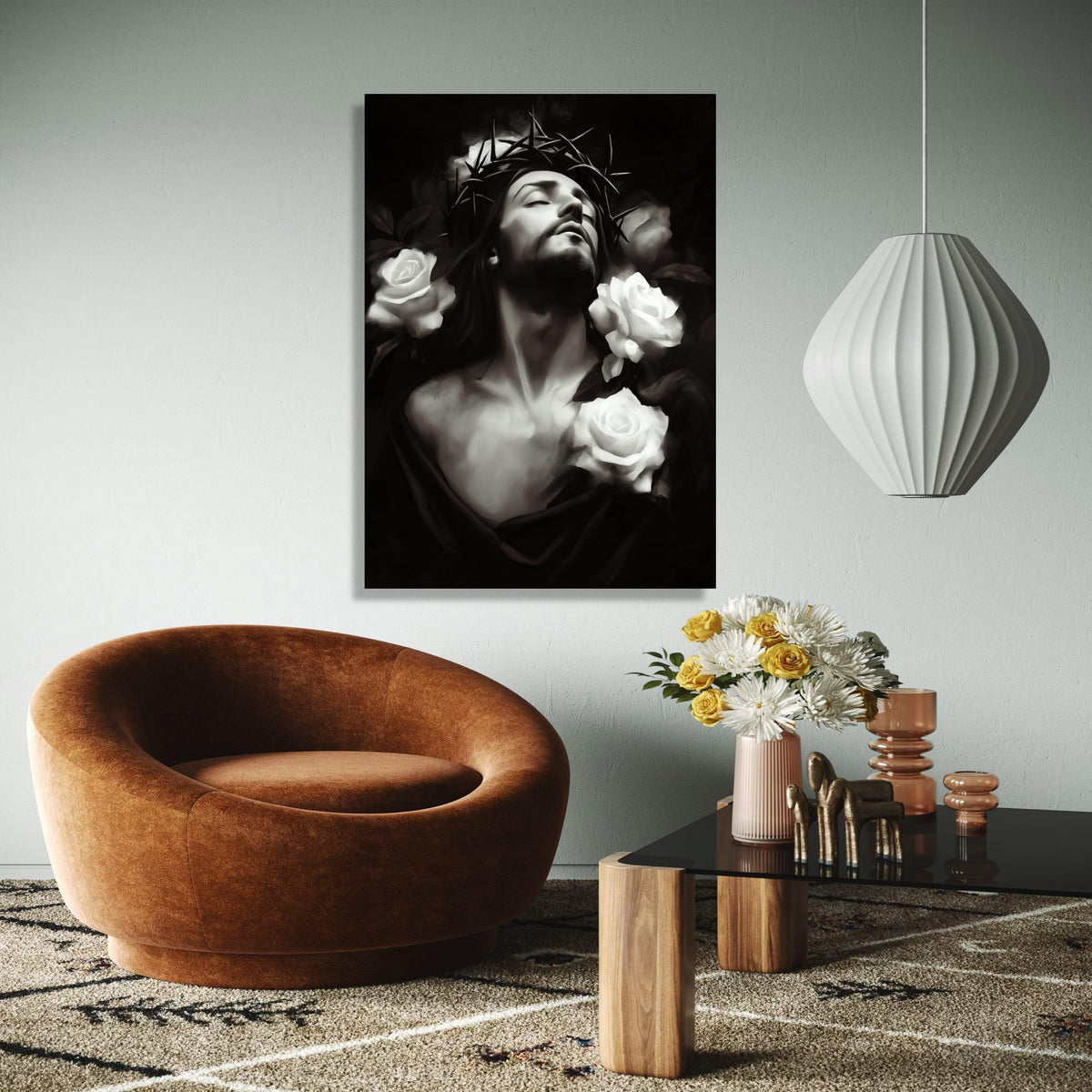 Jesus with Crown of Thorns, White Roses Canvas Wall Art, Religious Christian Decor, Spiritual Portrait Print, Gift Art, Home Decor, Print