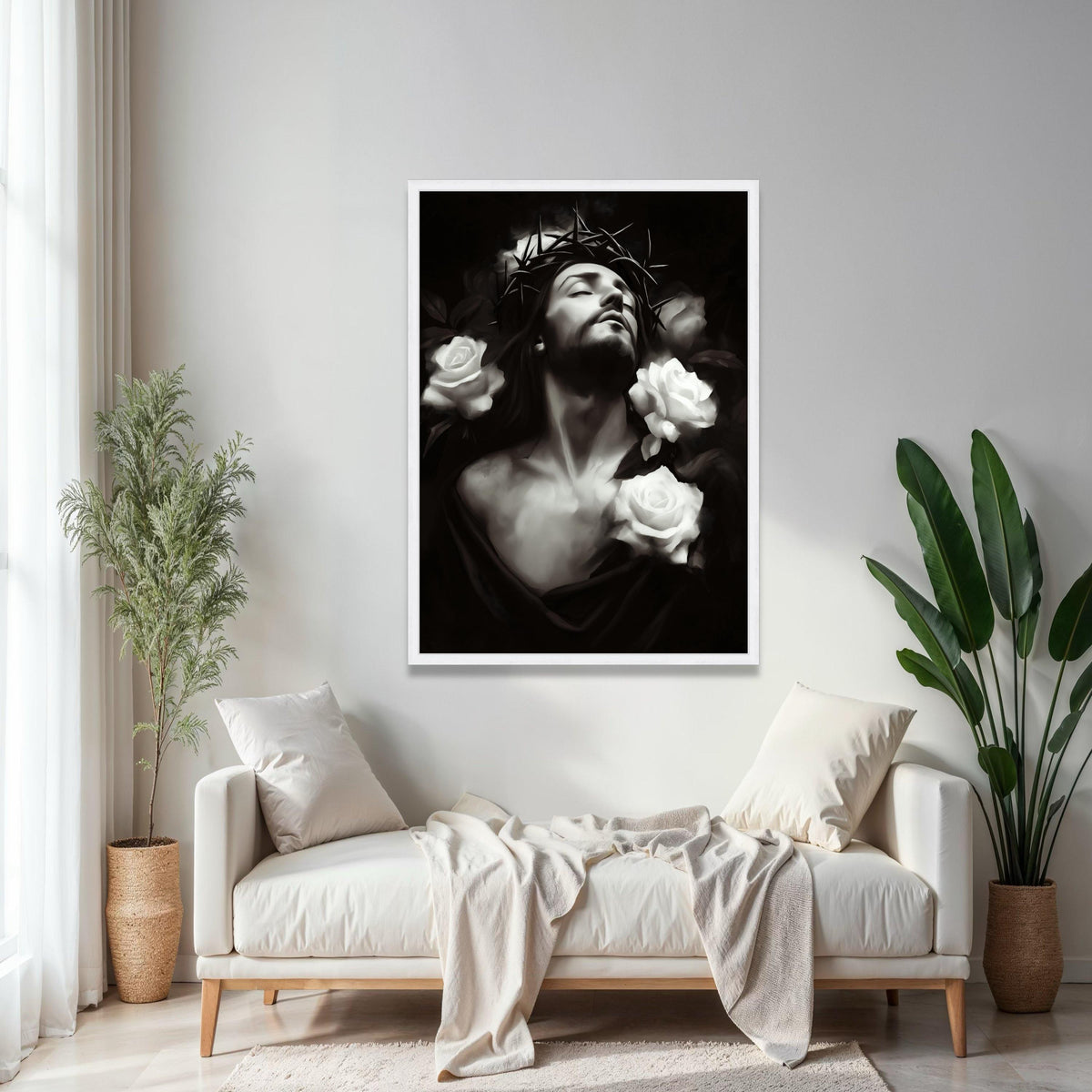 Jesus with Crown of Thorns, White Roses Canvas Wall Art, Religious Christian Decor, Spiritual Portrait Print, Gift Art, Home Decor, Print