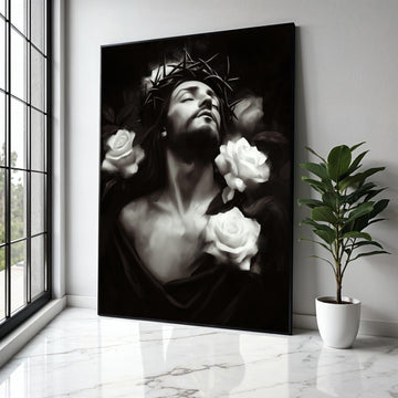 Jesus with Crown of Thorns, White Roses Canvas Wall Art, Religious Christian Decor, Spiritual Portrait Print, Gift Art, Home Decor, Print