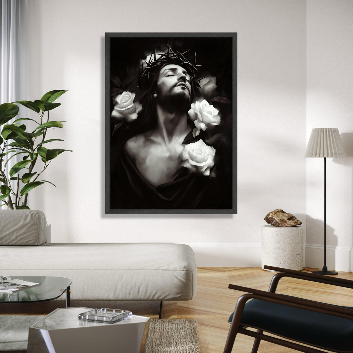 Jesus with Crown of Thorns, White Roses Canvas Wall Art, Religious Christian Decor, Spiritual Portrait Print, Gift Art, Home Decor, Print