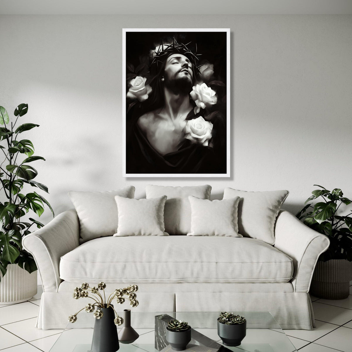 Jesus with Crown of Thorns, White Roses Canvas Wall Art, Religious Christian Decor, Spiritual Portrait Print, Gift Art, Home Decor, Print