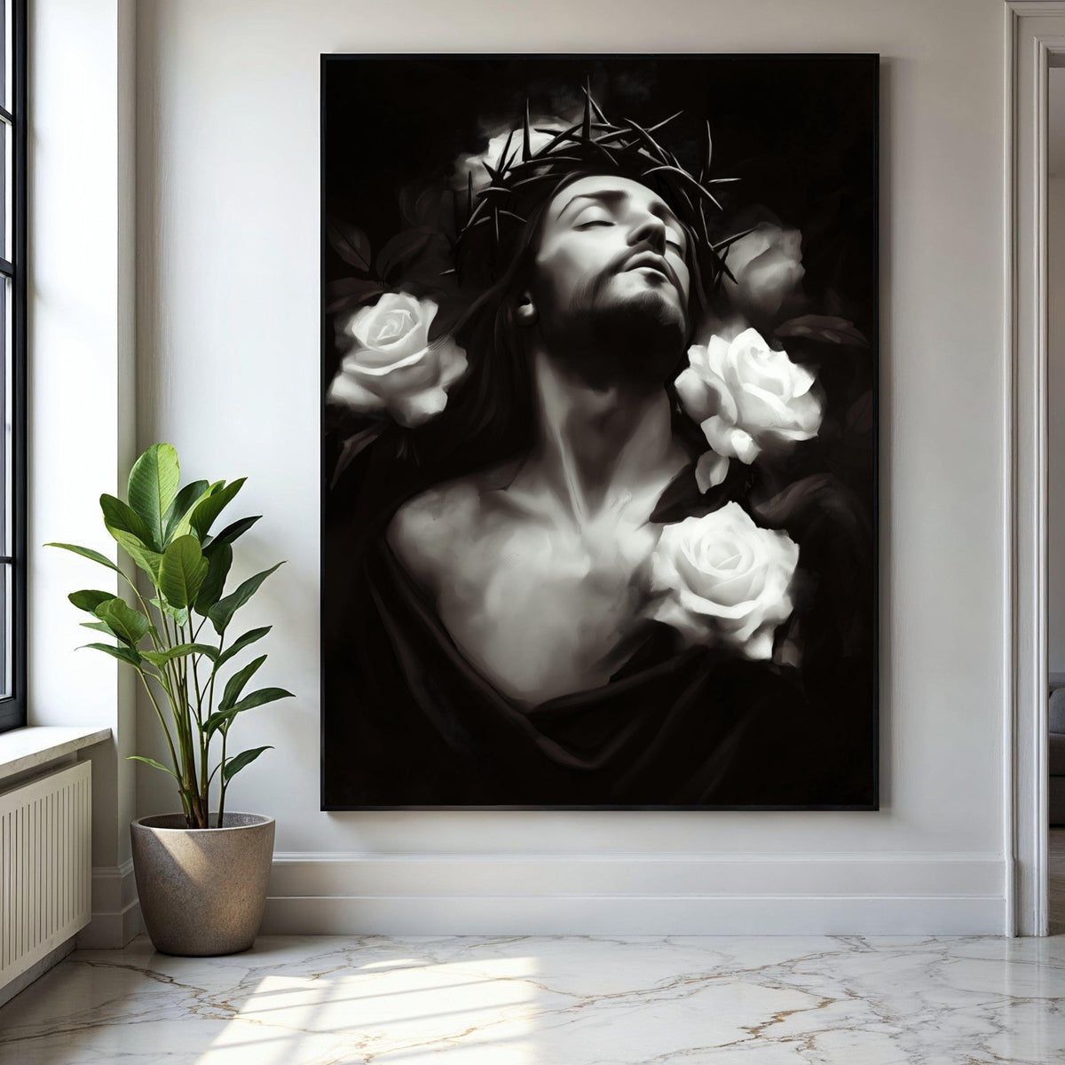 Jesus with Crown of Thorns, White Roses Canvas Wall Art, Religious Christian Decor, Spiritual Portrait Print, Gift Art, Home Decor, Print
