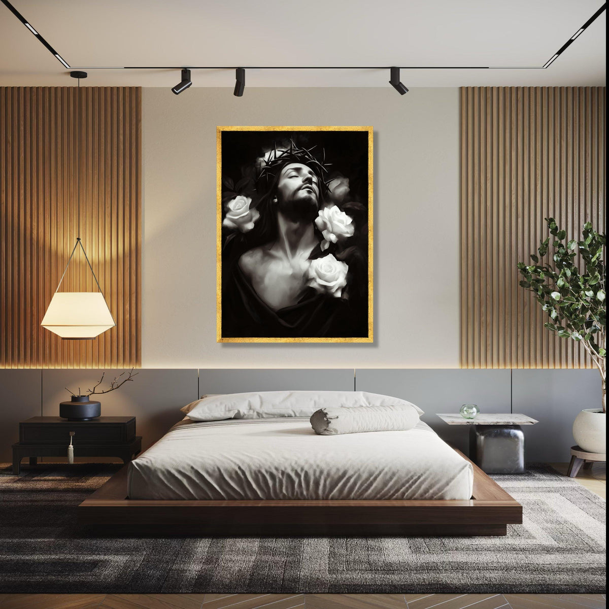 Jesus with Crown of Thorns, White Roses Canvas Wall Art, Religious Christian Decor, Spiritual Portrait Print, Gift Art, Home Decor, Print