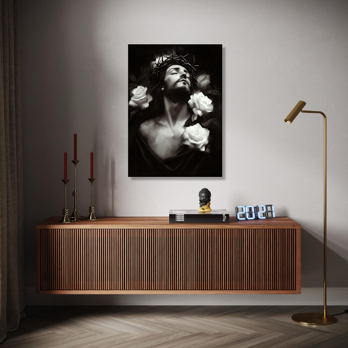 Jesus with Crown of Thorns, White Roses Canvas Wall Art, Religious Christian Decor, Spiritual Portrait Print, Gift Art, Home Decor, Print