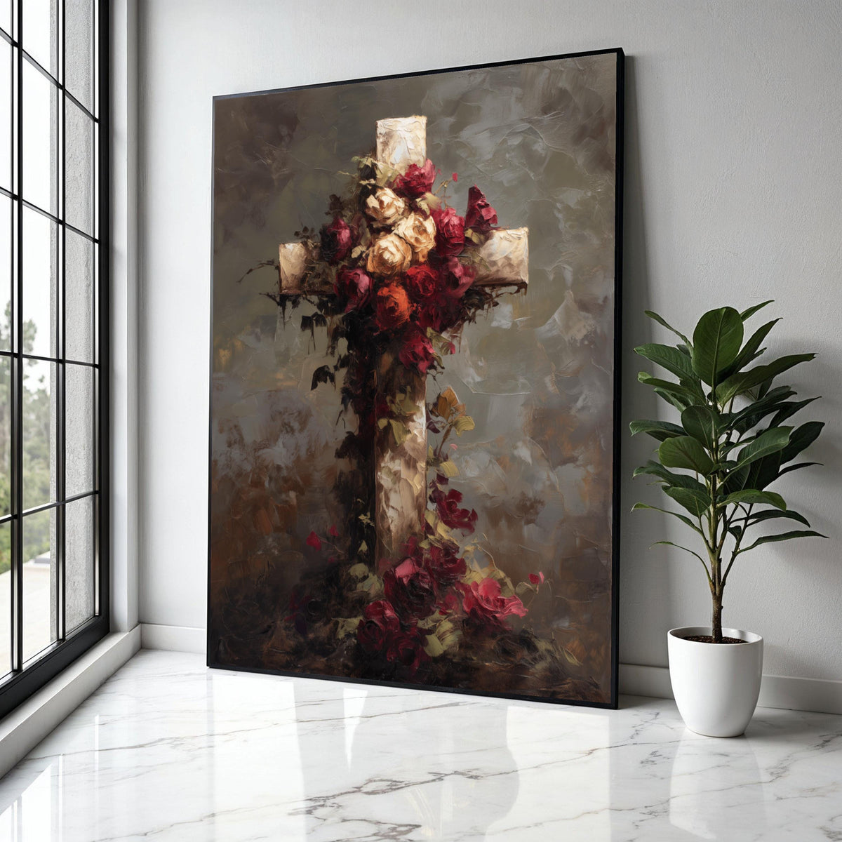 Rustic Floral Cross Canvas Wall Art, Vintage Roses Decoration, Spiritual Home Accent, Religious Symbol Canvas, Gift Art, Home Decor, Print