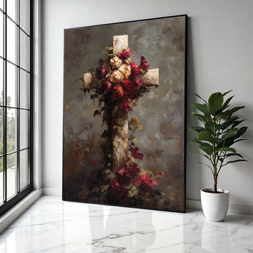 Rustic Floral Cross Canvas Wall Art, Vintage Roses Decoration, Spiritual Home Accent, Religious Symbol Canvas, Gift Art, Home Decor, Print