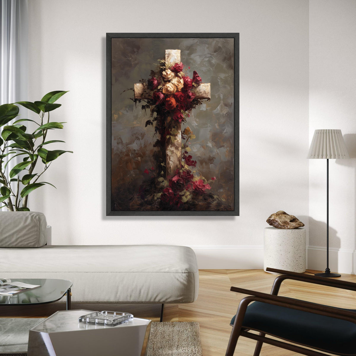 Rustic Floral Cross Canvas Wall Art, Vintage Roses Decoration, Spiritual Home Accent, Religious Symbol Canvas, Gift Art, Home Decor, Print