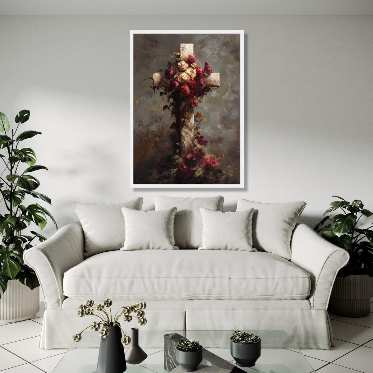Rustic Floral Cross Canvas Wall Art, Vintage Roses Decoration, Spiritual Home Accent, Religious Symbol Canvas, Gift Art, Home Decor, Print