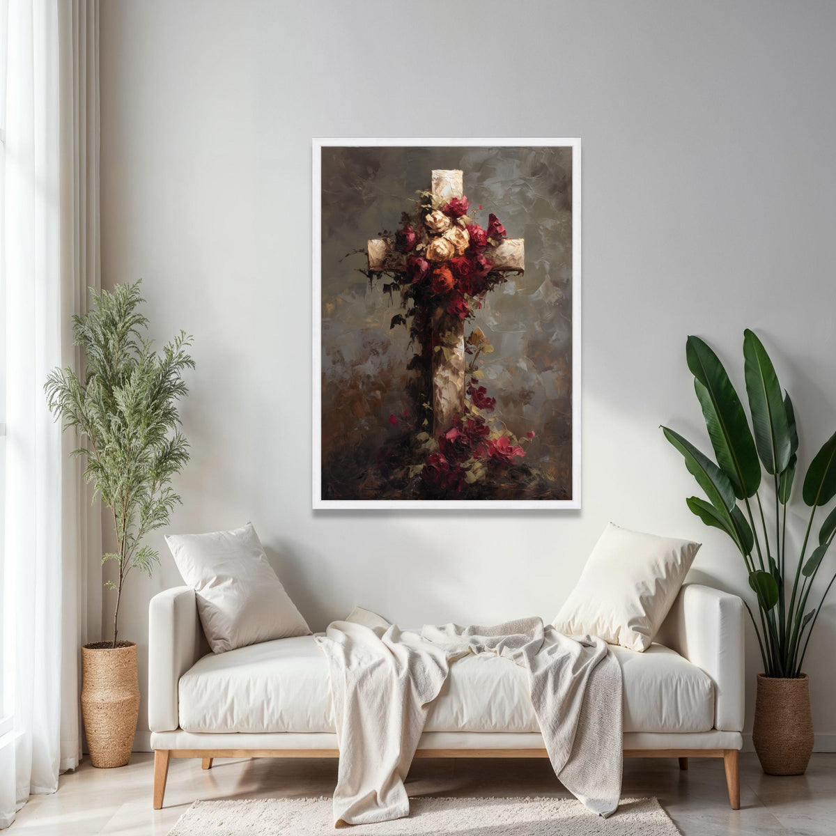 Rustic Floral Cross Canvas Wall Art, Vintage Roses Decoration, Spiritual Home Accent, Religious Symbol Canvas, Gift Art, Home Decor, Print