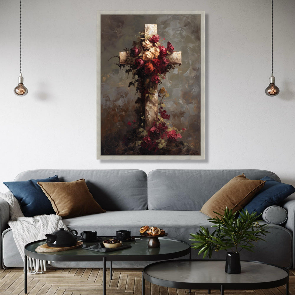 Rustic Floral Cross Canvas Wall Art, Vintage Roses Decoration, Spiritual Home Accent, Religious Symbol Canvas, Gift Art, Home Decor, Print