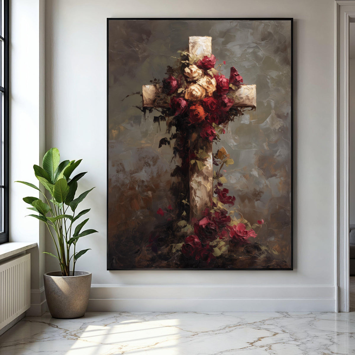 Rustic Floral Cross Canvas Wall Art, Vintage Roses Decoration, Spiritual Home Accent, Religious Symbol Canvas, Gift Art, Home Decor, Print