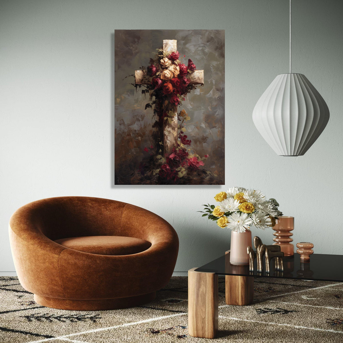 Rustic Floral Cross Canvas Wall Art, Vintage Roses Decoration, Spiritual Home Accent, Religious Symbol Canvas, Gift Art, Home Decor, Print