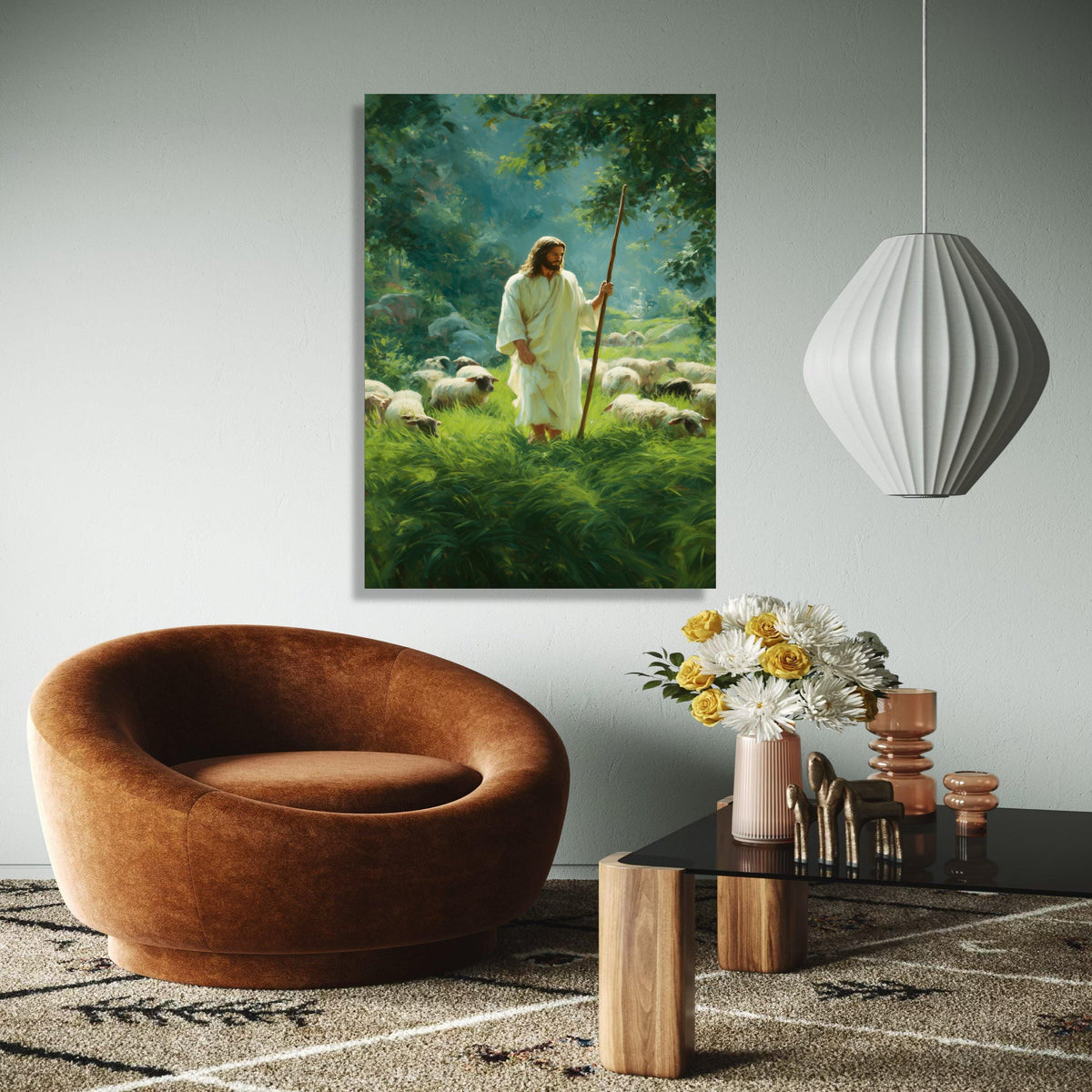 Jesus the Good Shepherd Canvas Wall Art, Spiritual Religious Painting, Christian Home Decoration, Psalm 23 Gift Art, Home Decor, Print