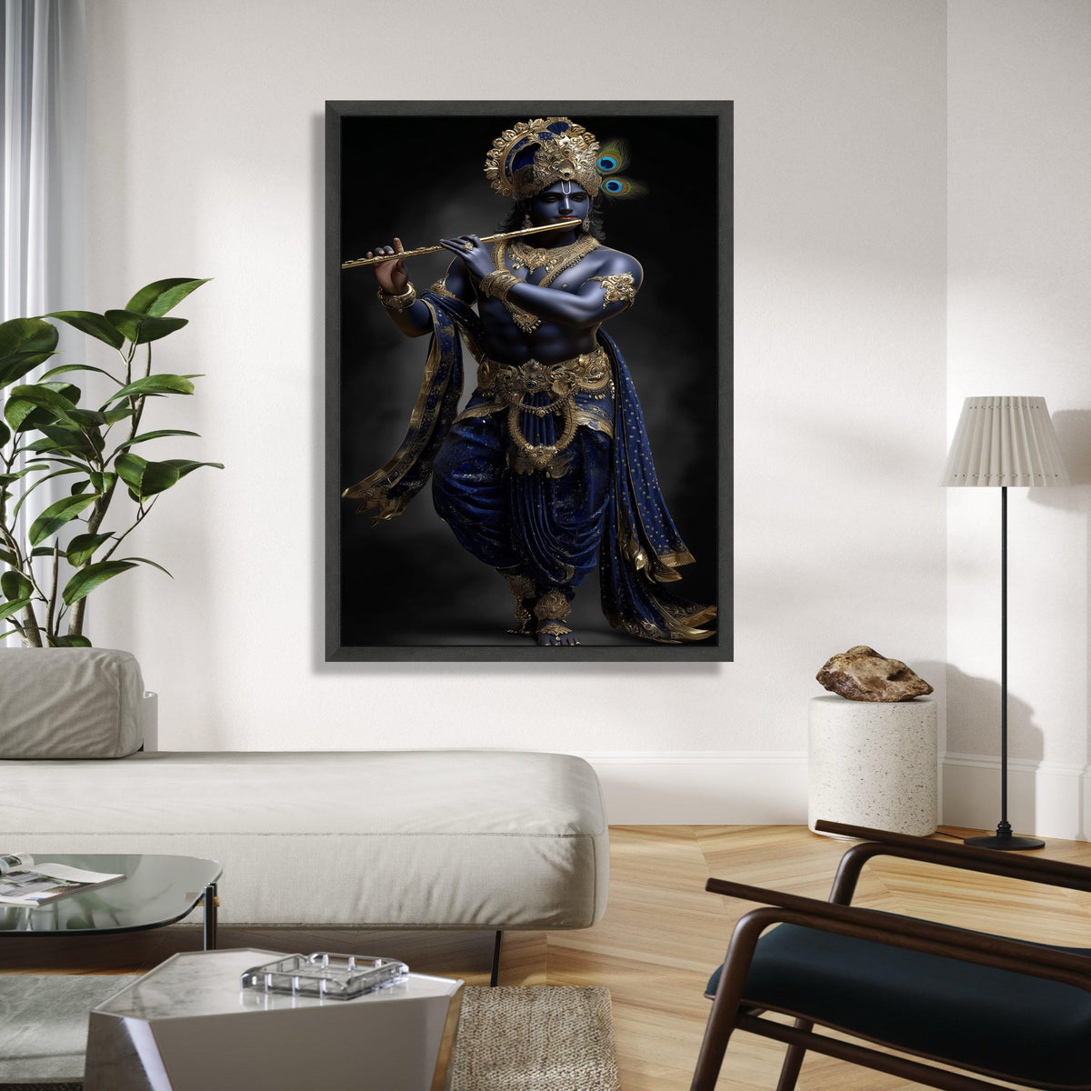 Lord Krishna Playing Flute Canvas, Blue and Gold Indian Mythology Wall Art, Divine Hindu Deity Canvas, Spiritual Gift Art, Home Decor, Print