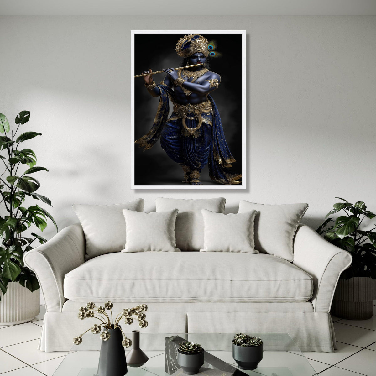 Lord Krishna Playing Flute Canvas, Blue and Gold Indian Mythology Wall Art, Divine Hindu Deity Canvas, Spiritual Gift Art, Home Decor, Print