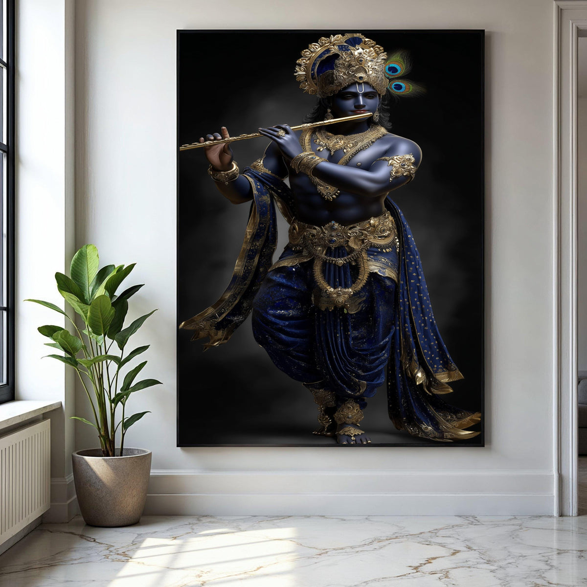 Lord Krishna Playing Flute Canvas, Blue and Gold Indian Mythology Wall Art, Divine Hindu Deity Canvas, Spiritual Gift Art, Home Decor, Print