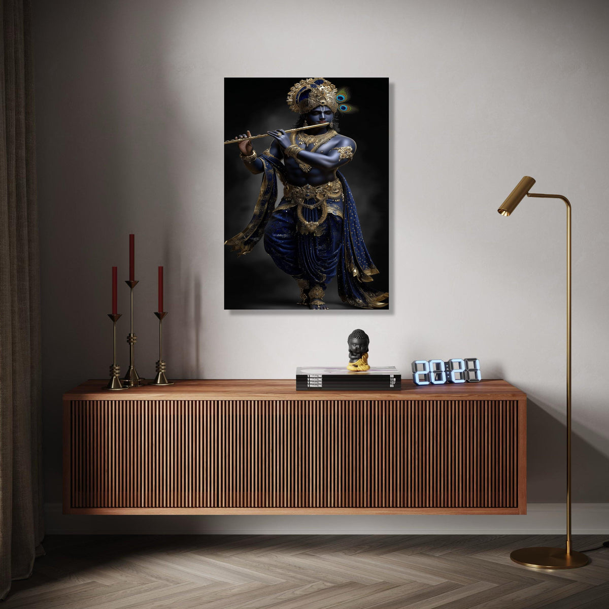 Lord Krishna Playing Flute Canvas, Blue and Gold Indian Mythology Wall Art, Divine Hindu Deity Canvas, Spiritual Gift Art, Home Decor, Print