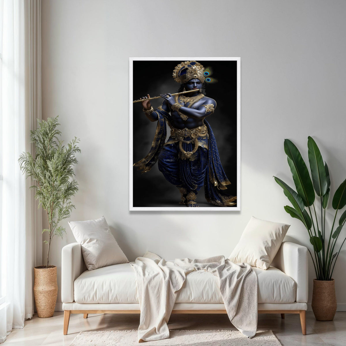 Lord Krishna Playing Flute Canvas, Blue and Gold Indian Mythology Wall Art, Divine Hindu Deity Canvas, Spiritual Gift Art, Home Decor, Print