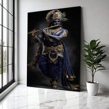 Lord Krishna Playing Flute Canvas, Blue and Gold Indian Mythology Wall Art, Divine Hindu Deity Canvas, Spiritual Gift Art, Home Decor, Print