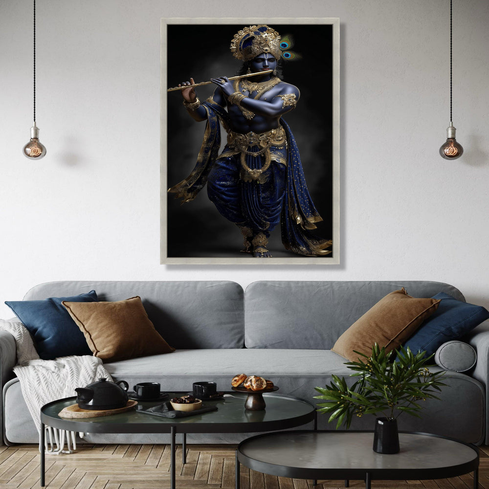 Lord Krishna Playing Flute Canvas, Blue and Gold Indian Mythology Wall Art, Divine Hindu Deity Canvas, Spiritual Gift Art, Home Decor, Print