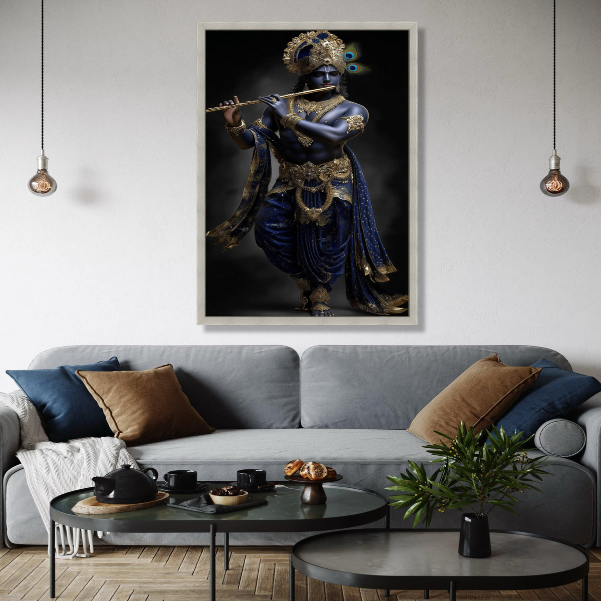 Lord Krishna Playing Flute Canvas, Blue and Gold Indian Mythology Wall Art, Divine Hindu Deity Canvas, Spiritual Gift Art, Home Decor, Print