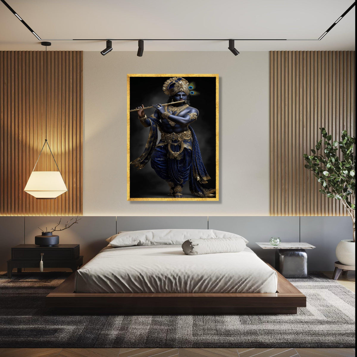 Lord Krishna Playing Flute Canvas, Blue and Gold Indian Mythology Wall Art, Divine Hindu Deity Canvas, Spiritual Gift Art, Home Decor, Print