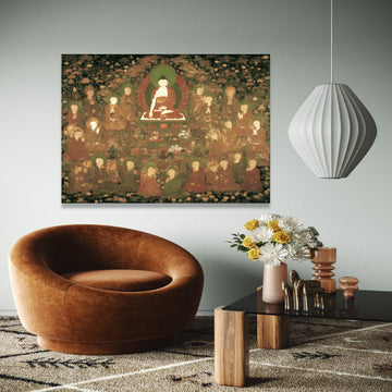 Serene Buddha Amidst Disciples Canvas, Ancient Buddhist Art Reproduction, Spiritual Meditation Wall Art, Zen Gift Art, Home Decor, Print