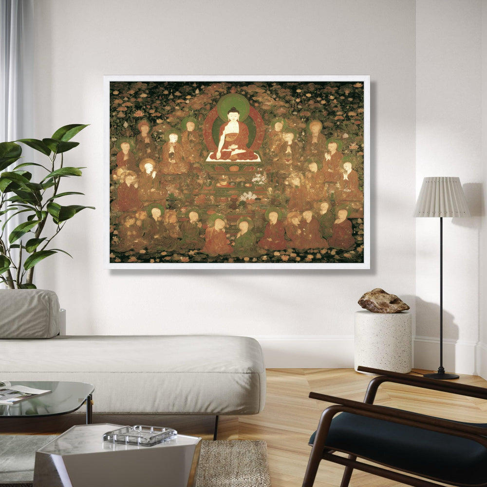 Serene Buddha Amidst Disciples Canvas, Ancient Buddhist Art Reproduction, Spiritual Meditation Wall Art, Zen Gift Art, Home Decor, Print