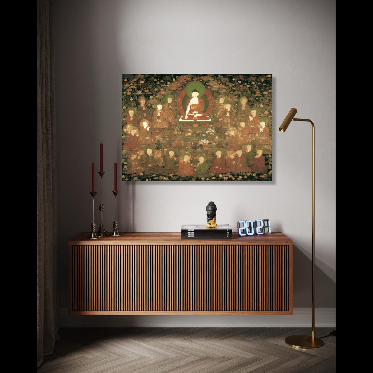 Serene Buddha Amidst Disciples Canvas, Ancient Buddhist Art Reproduction, Spiritual Meditation Wall Art, Zen Gift Art, Home Decor, Print