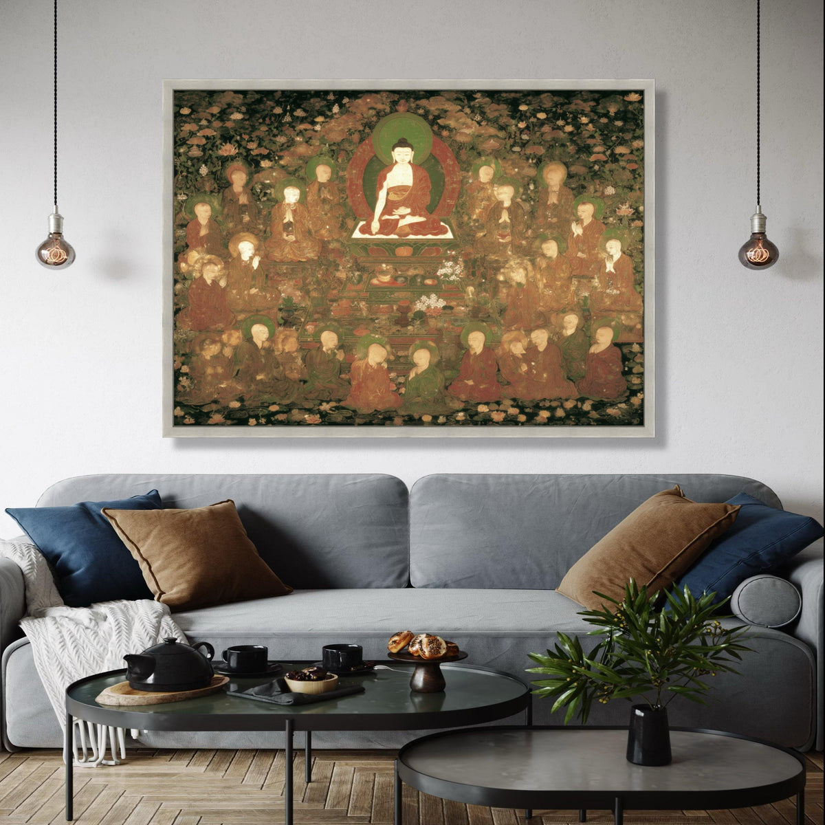 Serene Buddha Amidst Disciples Canvas, Ancient Buddhist Art Reproduction, Spiritual Meditation Wall Art, Zen Gift Art, Home Decor, Print