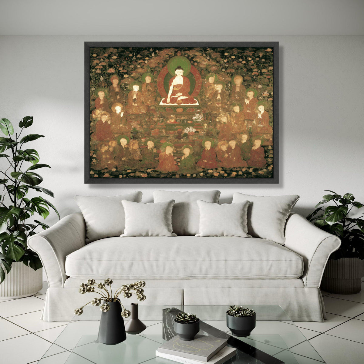 Serene Buddha Amidst Disciples Canvas, Ancient Buddhist Art Reproduction, Spiritual Meditation Wall Art, Zen Gift Art, Home Decor, Print