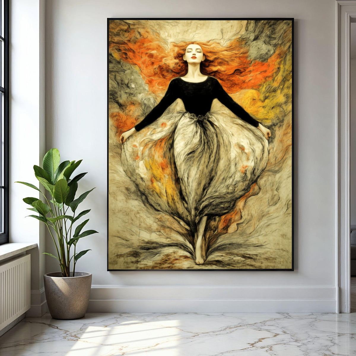 Elegant Woman with Flowing Red Hair, Abstract Female Portrait Canvas, Artistic Wall Art, Modern Home Decor, Gift Art, Home Decor, Print