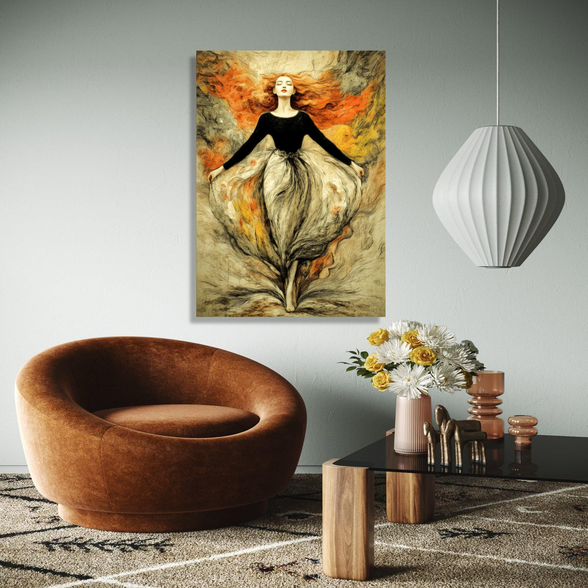 Elegant Woman with Flowing Red Hair, Abstract Female Portrait Canvas, Artistic Wall Art, Modern Home Decor, Gift Art, Home Decor, Print