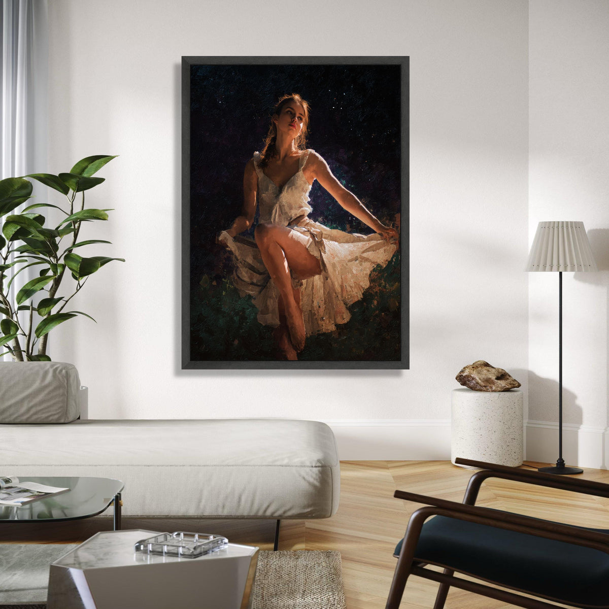 Elegant Ballerina Pose Canvas, Soft Light Dance Art, Woman in White Dress, Ballet Wall Decoration, Fine Art Gift Art, Home Decor, Print