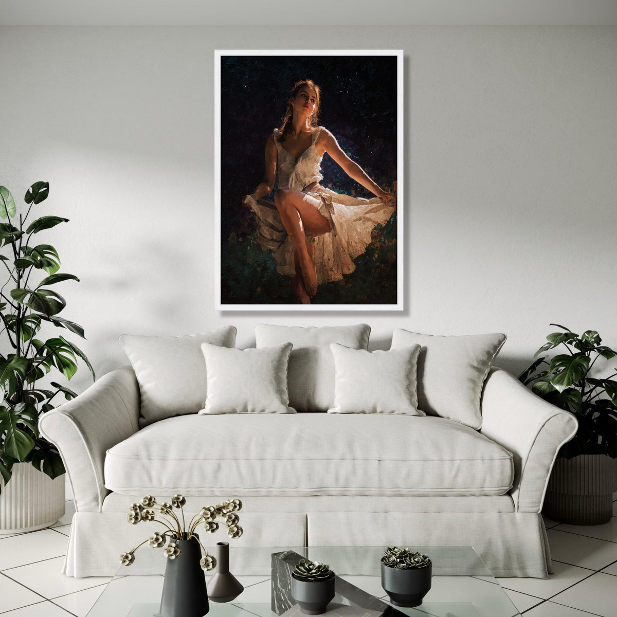 Elegant Ballerina Pose Canvas, Soft Light Dance Art, Woman in White Dress, Ballet Wall Decoration, Fine Art Gift Art, Home Decor, Print
