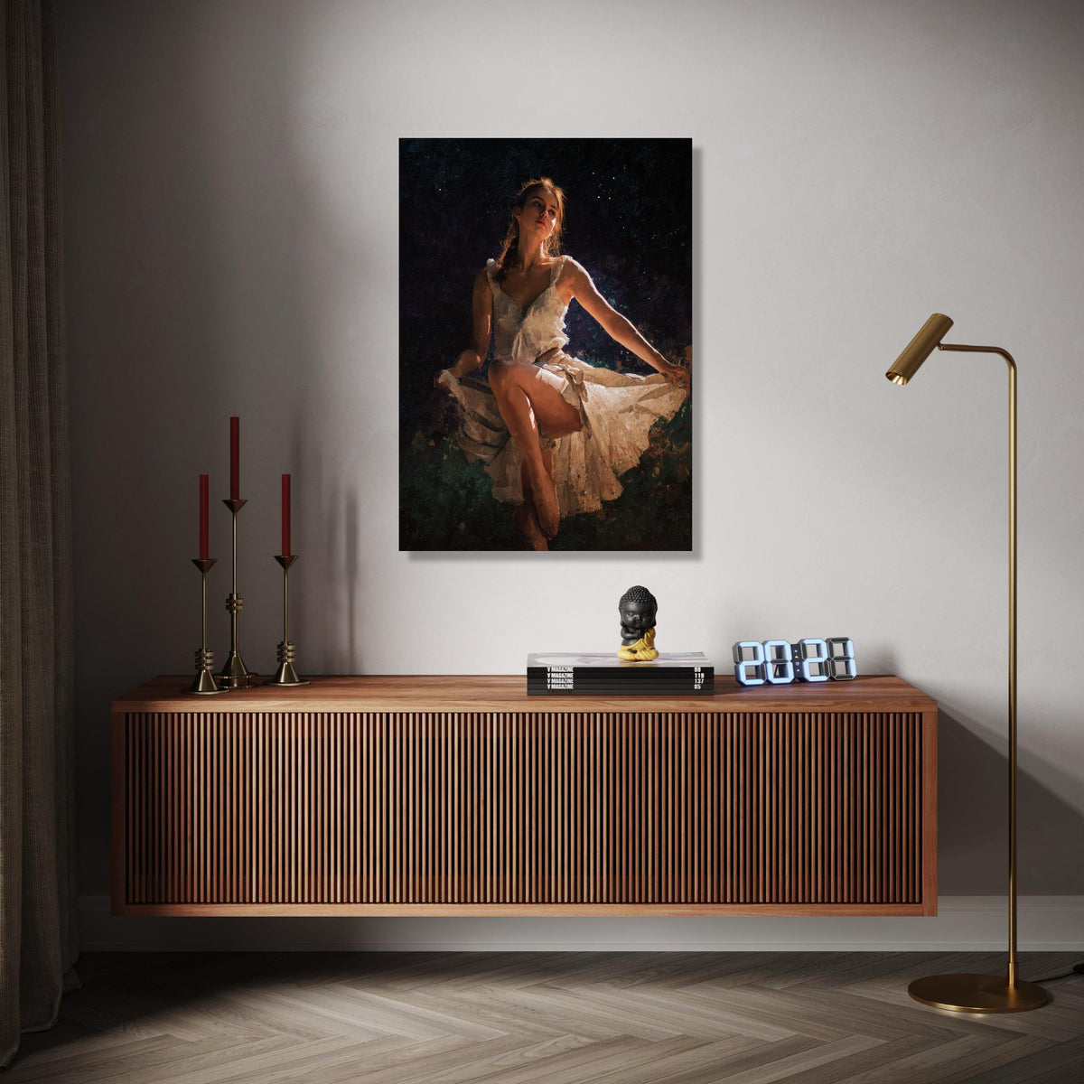 Elegant Ballerina Pose Canvas, Soft Light Dance Art, Woman in White Dress, Ballet Wall Decoration, Fine Art Gift Art, Home Decor, Print