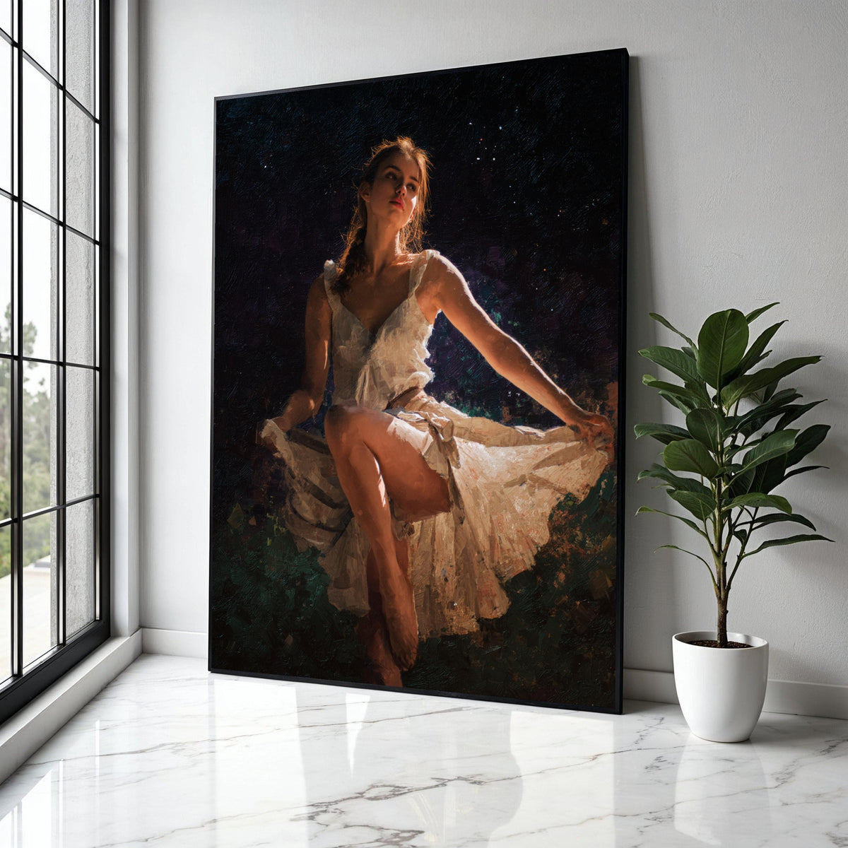 Elegant Ballerina Pose Canvas, Soft Light Dance Art, Woman in White Dress, Ballet Wall Decoration, Fine Art Gift Art, Home Decor, Print