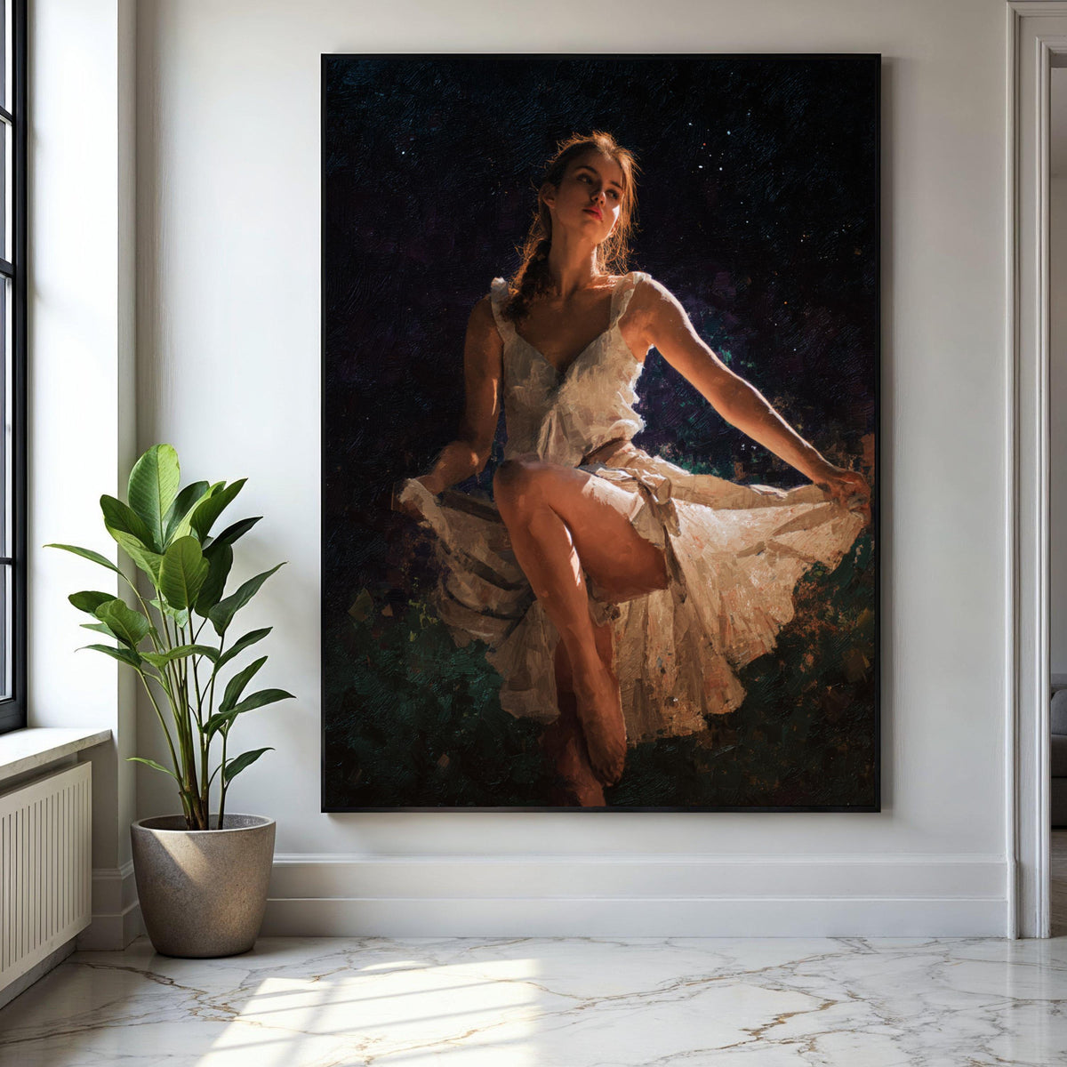 Elegant Ballerina Pose Canvas, Soft Light Dance Art, Woman in White Dress, Ballet Wall Decoration, Fine Art Gift Art, Home Decor, Print