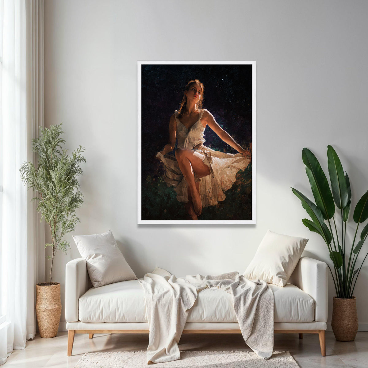 Elegant Ballerina Pose Canvas, Soft Light Dance Art, Woman in White Dress, Ballet Wall Decoration, Fine Art Gift Art, Home Decor, Print