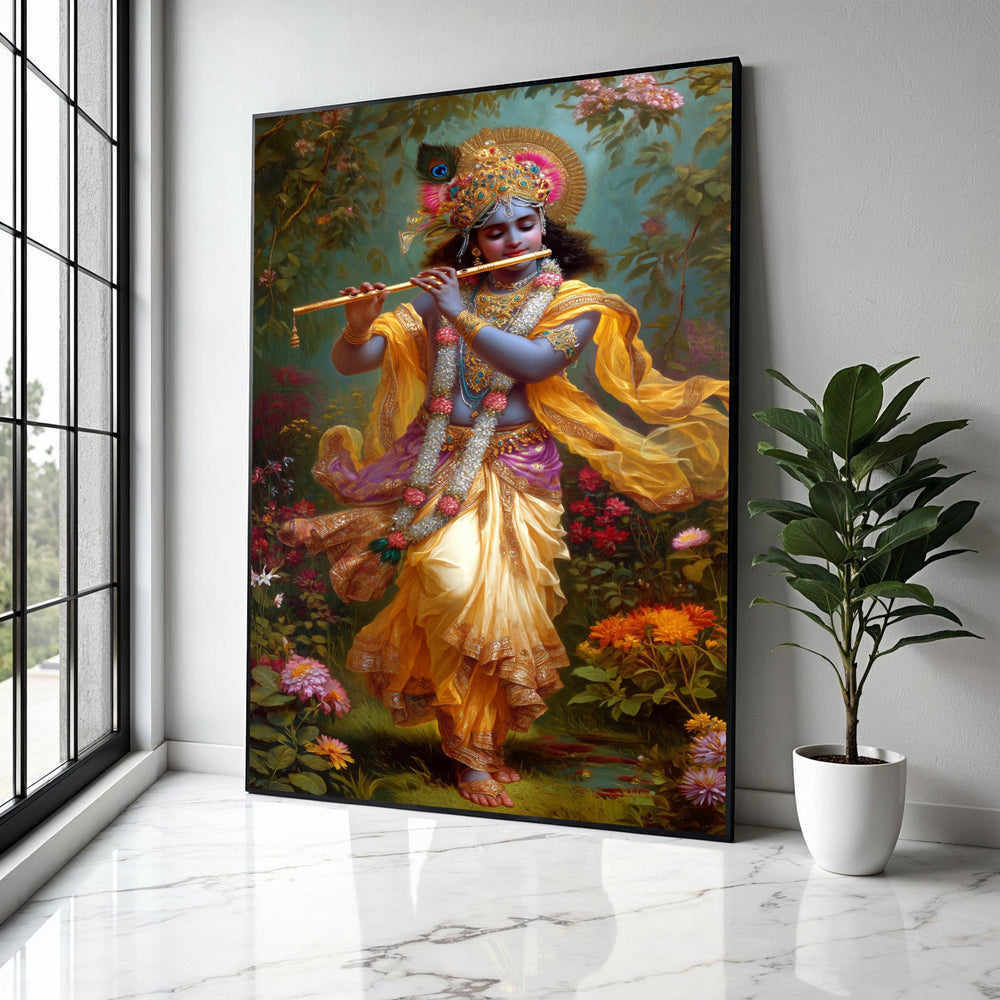 Lord Krishna Playing Flute Canvas, Hindu God Wall Art, Indian Mythology Canvas, Spiritual Home Decor, Vibrant Gift Art, Home Decor, Print