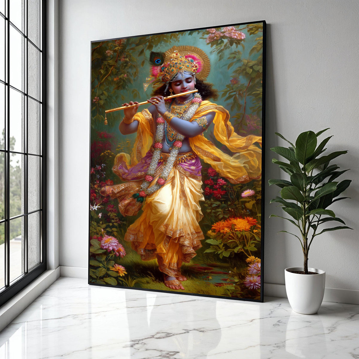 Lord Krishna Playing Flute Canvas, Hindu God Wall Art, Indian Mythology Canvas, Spiritual Home Decor, Vibrant Gift Art, Home Decor, Print