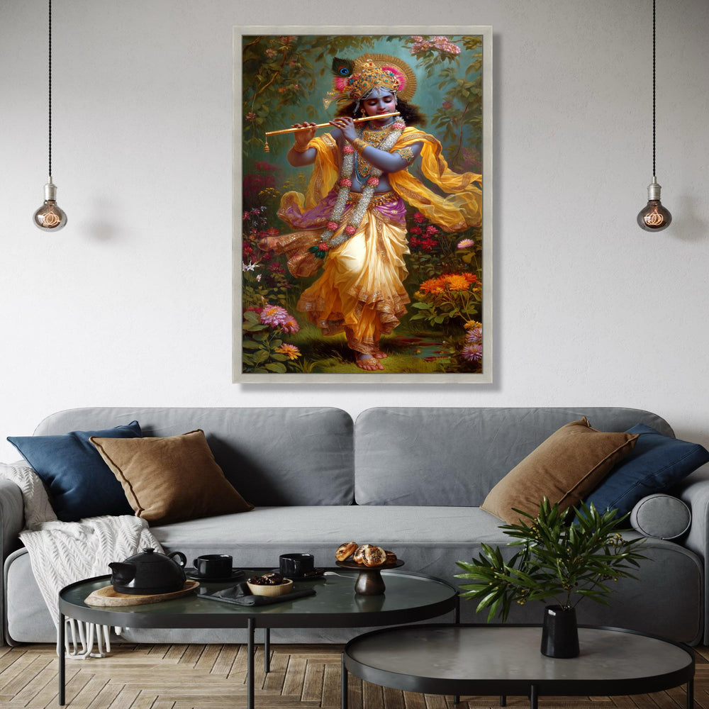 Lord Krishna Playing Flute Canvas, Hindu God Wall Art, Indian Mythology Canvas, Spiritual Home Decor, Vibrant Gift Art, Home Decor, Print