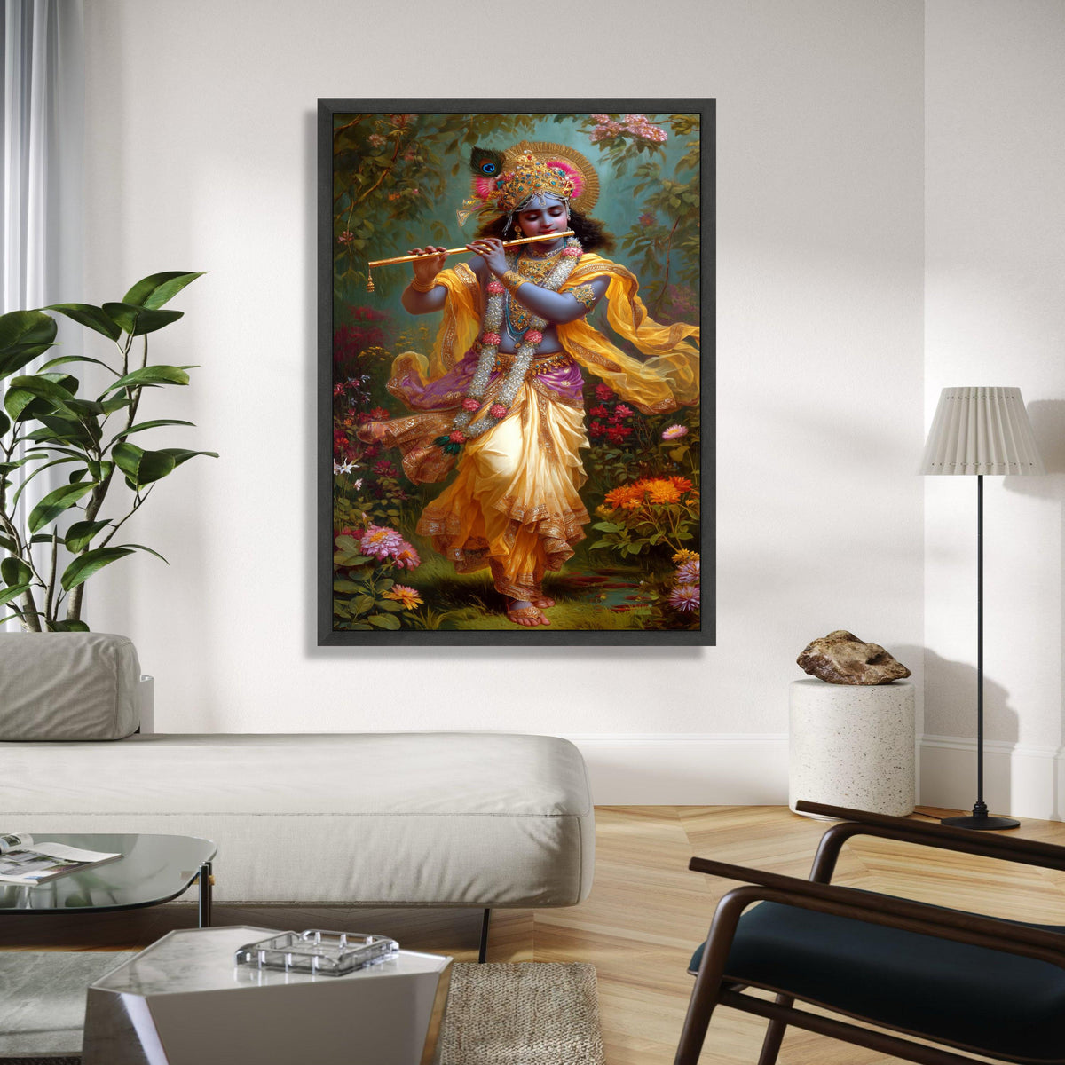 Lord Krishna Playing Flute Canvas, Hindu God Wall Art, Indian Mythology Canvas, Spiritual Home Decor, Vibrant Gift Art, Home Decor, Print