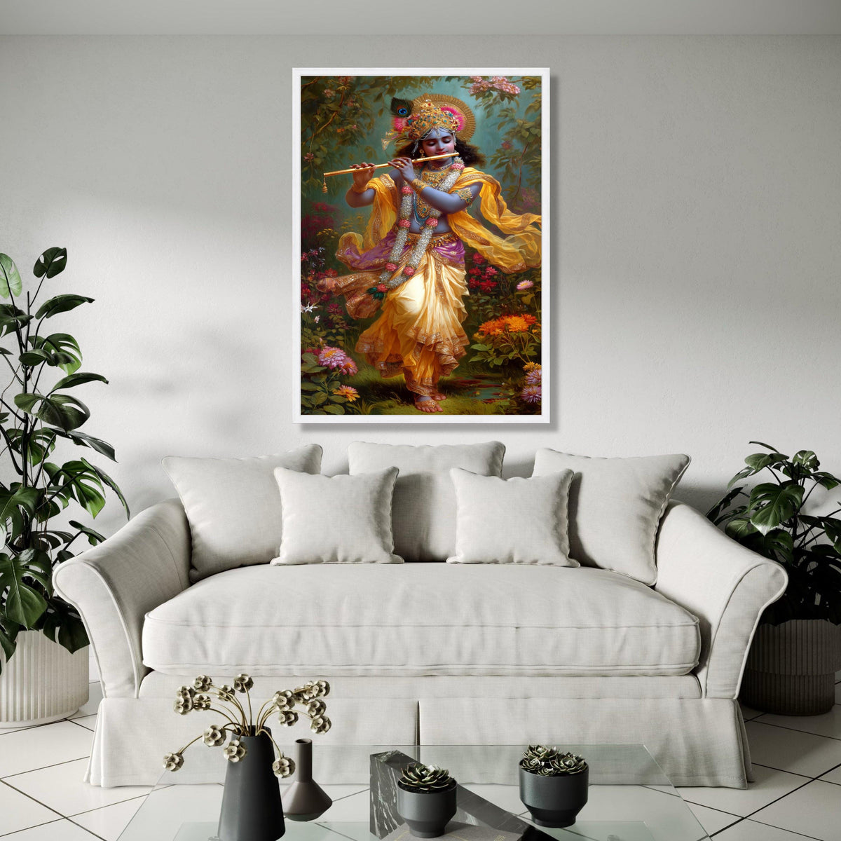 Lord Krishna Playing Flute Canvas, Hindu God Wall Art, Indian Mythology Canvas, Spiritual Home Decor, Vibrant Gift Art, Home Decor, Print